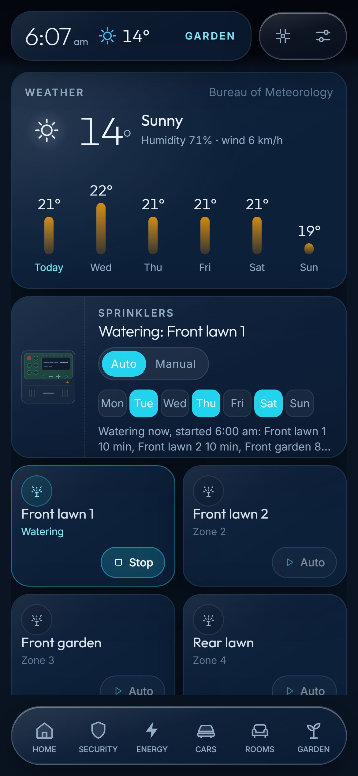 The Garden page of one of our dashboards on a phone while the watering runs