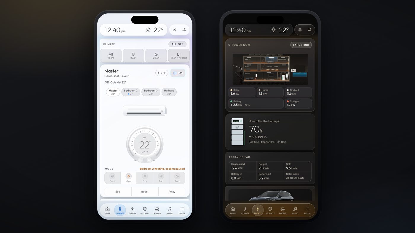 Two phones showing the climate and energy pages of our phone dashboard