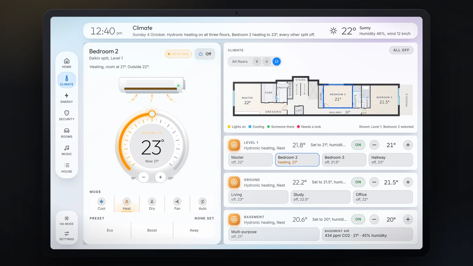 Climate dashboard for a three-storey home, light mode