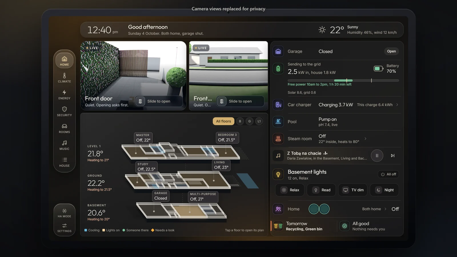 Wall tablet dashboard we designed for a three-storey Melbourne home: door and gate cameras, every floor at a glance, garage, pool, car charging and bin night