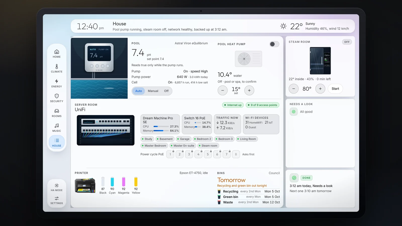 House dashboard with pool, steam room and server room, light mode