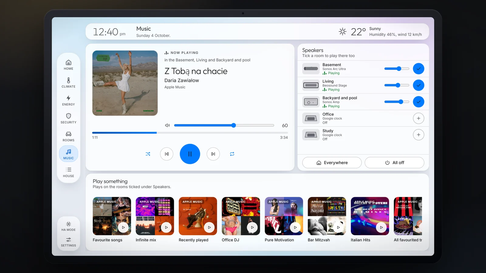 Music dashboard: now playing, speakers by room and favourite playlists